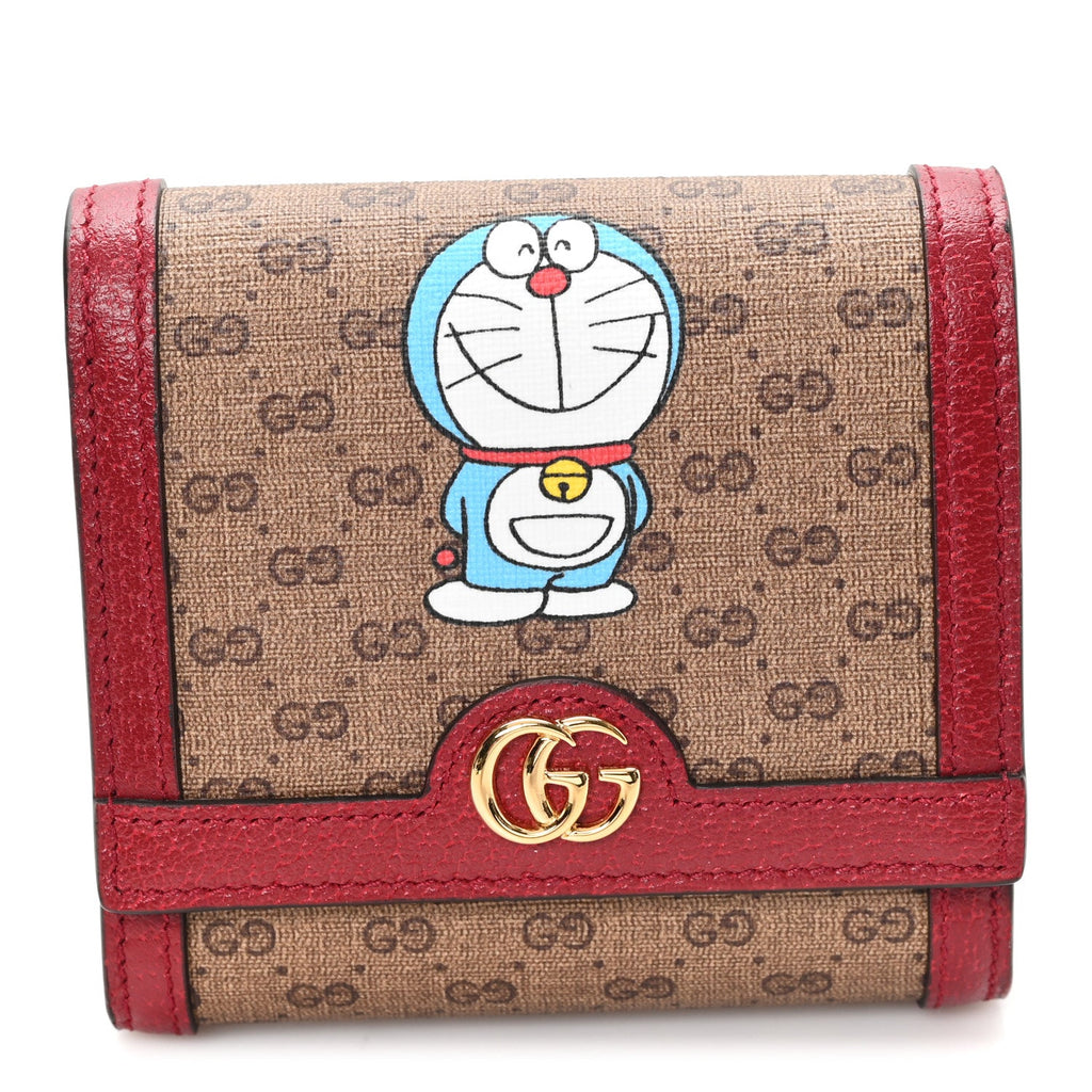 X DORAEMON Mini Vintage GG Supreme Monogram  Case Wallet Beige Cherry Red