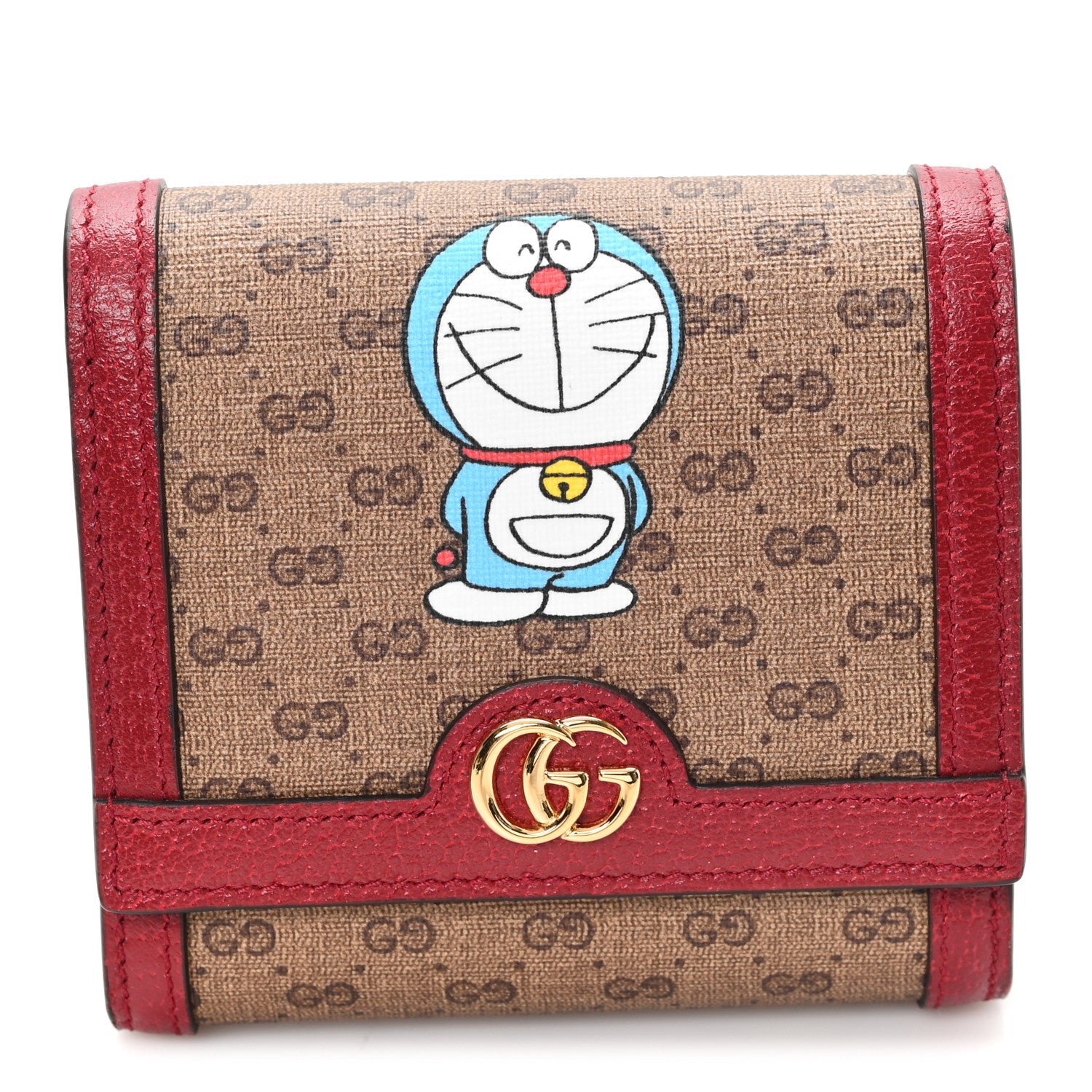 X DORAEMON Mini Vintage GG Supreme Monogram  Case Wallet Beige Cherry Red