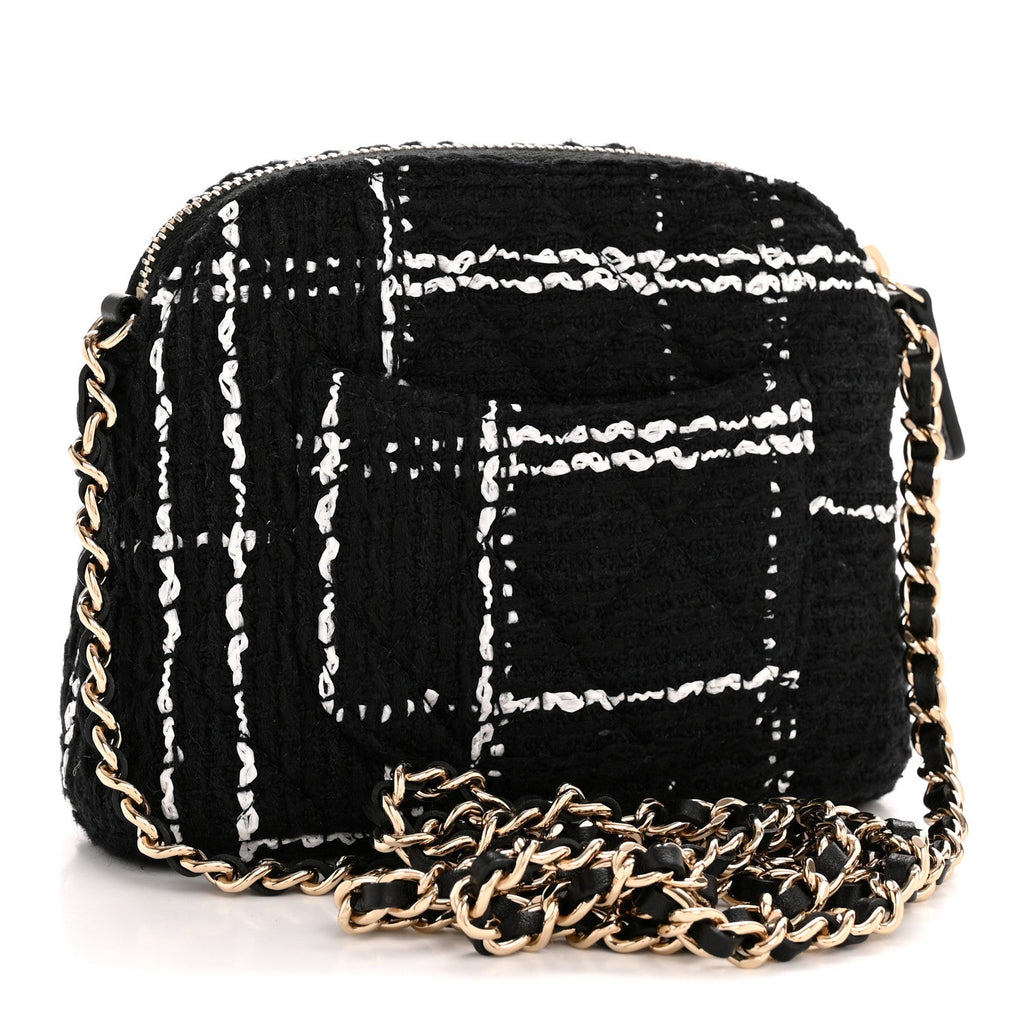 Tweed Quilted Mini Clutch With Chain Black White