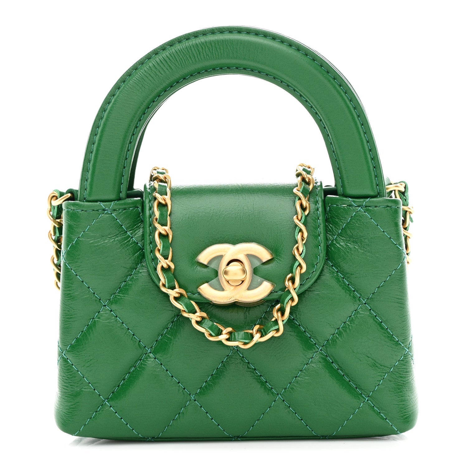 Shiny Aged Calfskin Quilted Mini Nano Kelly Shopper Green