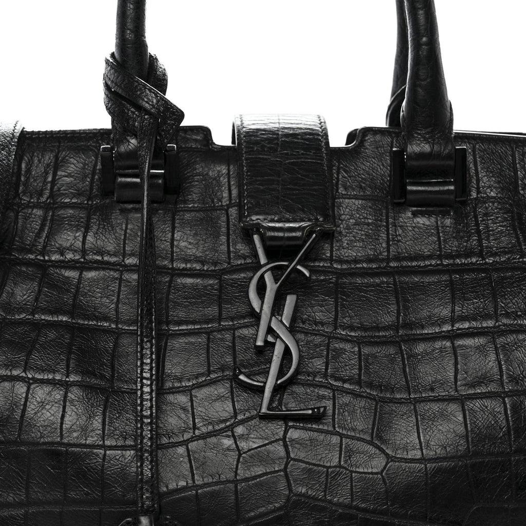 Calfskin Crocodile Embossed Small Monogram Cabas Black