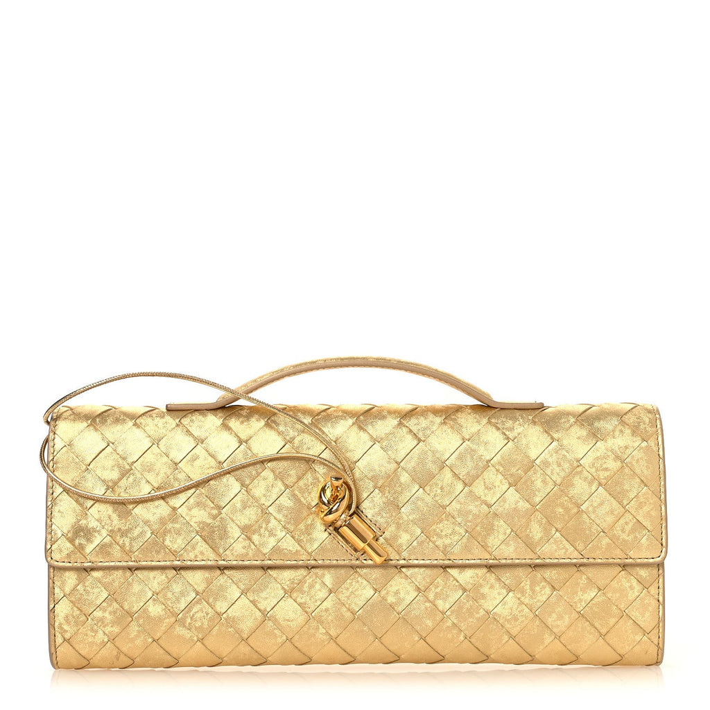 Metallic Satin Lambskin Intrecciato Long Andiamo Top Handle Clutch Gold
