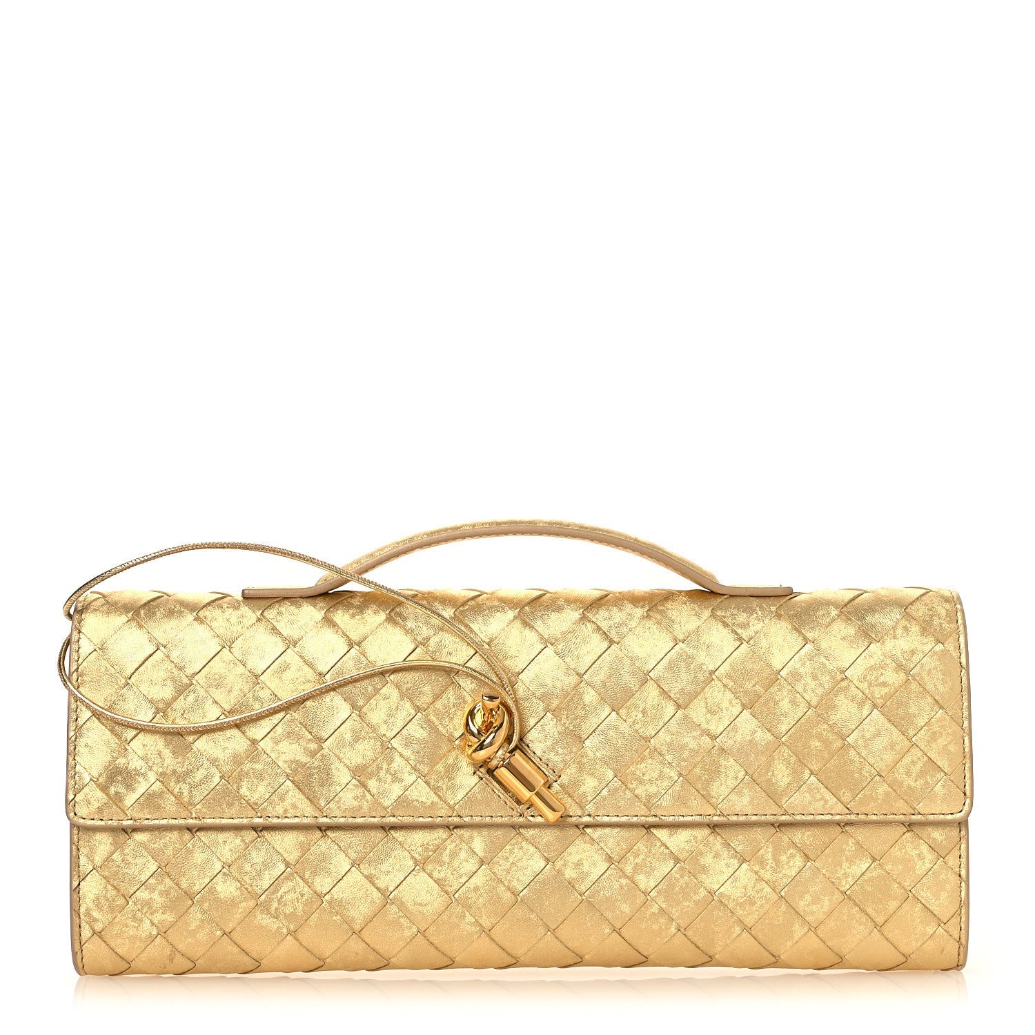 Metallic Satin Lambskin Intrecciato Long Andiamo Top Handle Clutch Gold