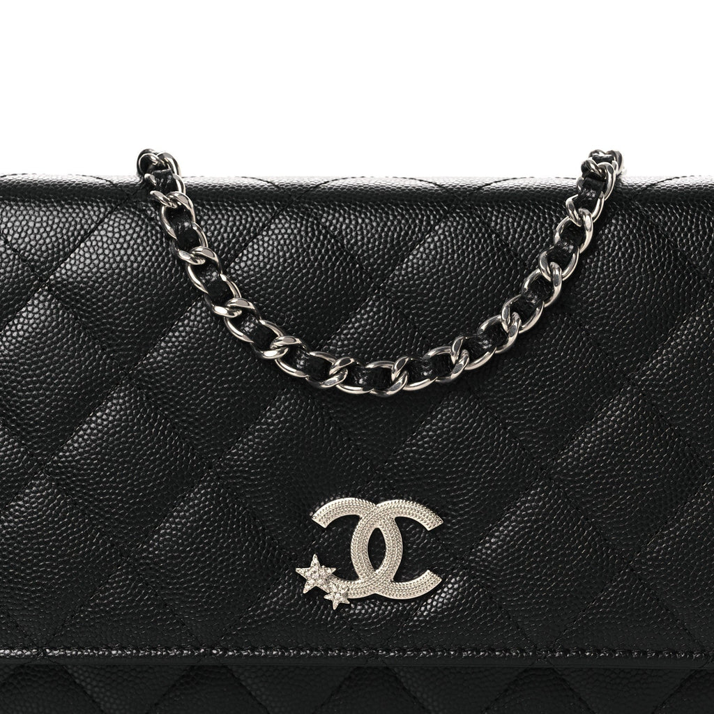Caviar Quilted Crystal Star Wallet On Chain Black