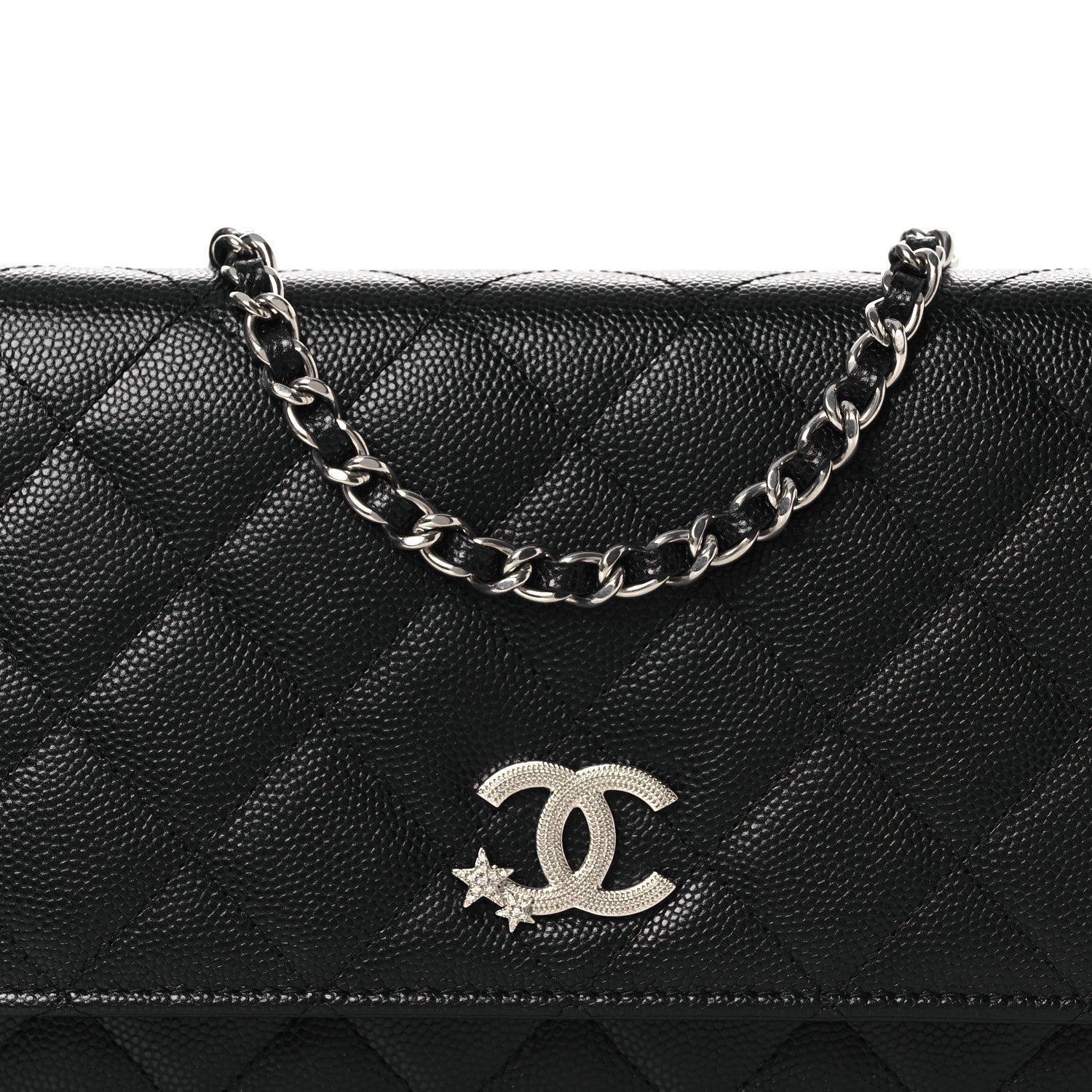 Caviar Quilted Crystal Star Wallet On Chain Black