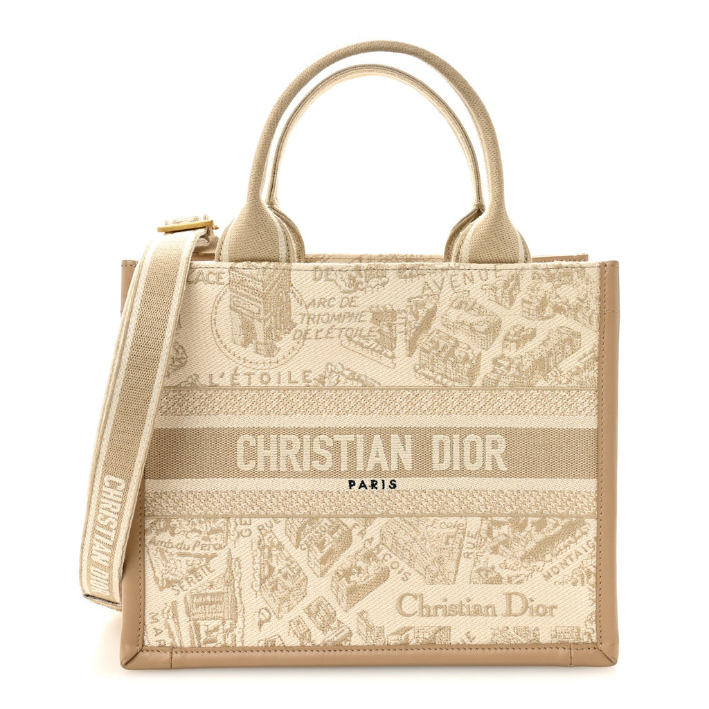 Canvas Calfskin Embroidered Small Plan De Paris Book Tote With Strap Beige
