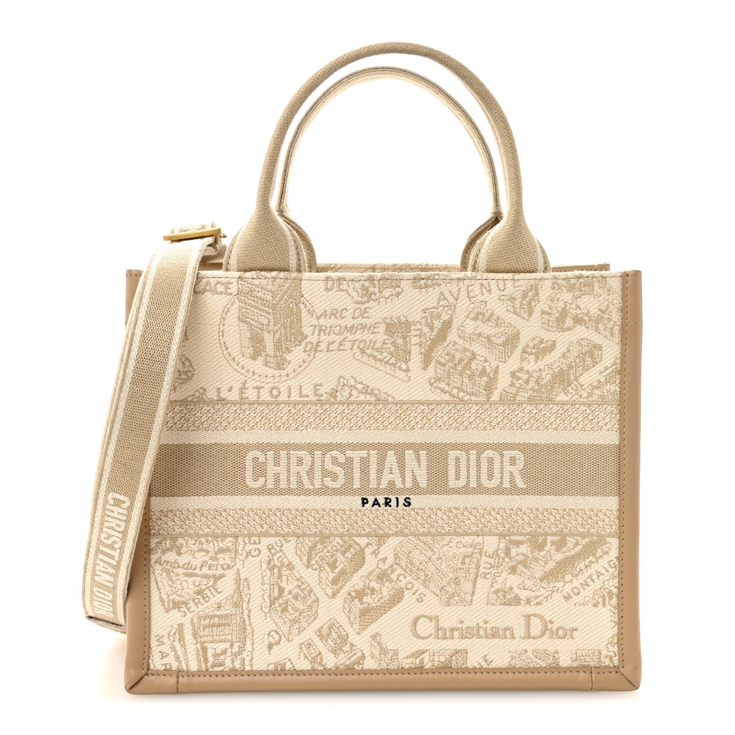 Canvas Calfskin Embroidered Small Plan De Paris Book Tote With Strap Beige