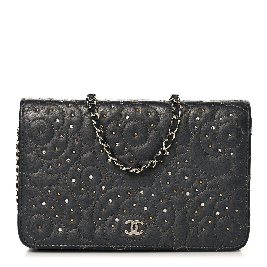 Lambskin Camellia Studded Wallet on Chain WOC Grey