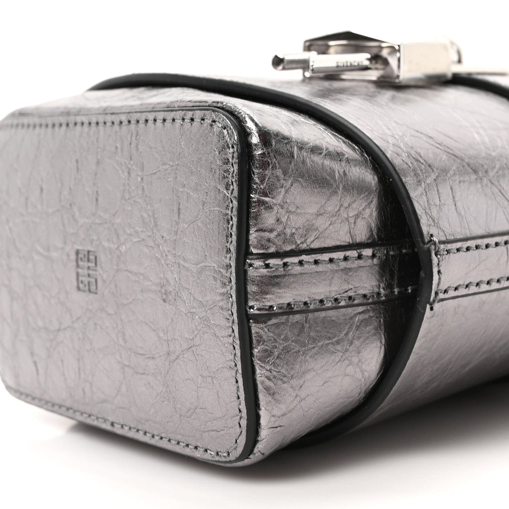 Laminated Lambskin Micro Shark Lock Bucket Bag Silvery Grey