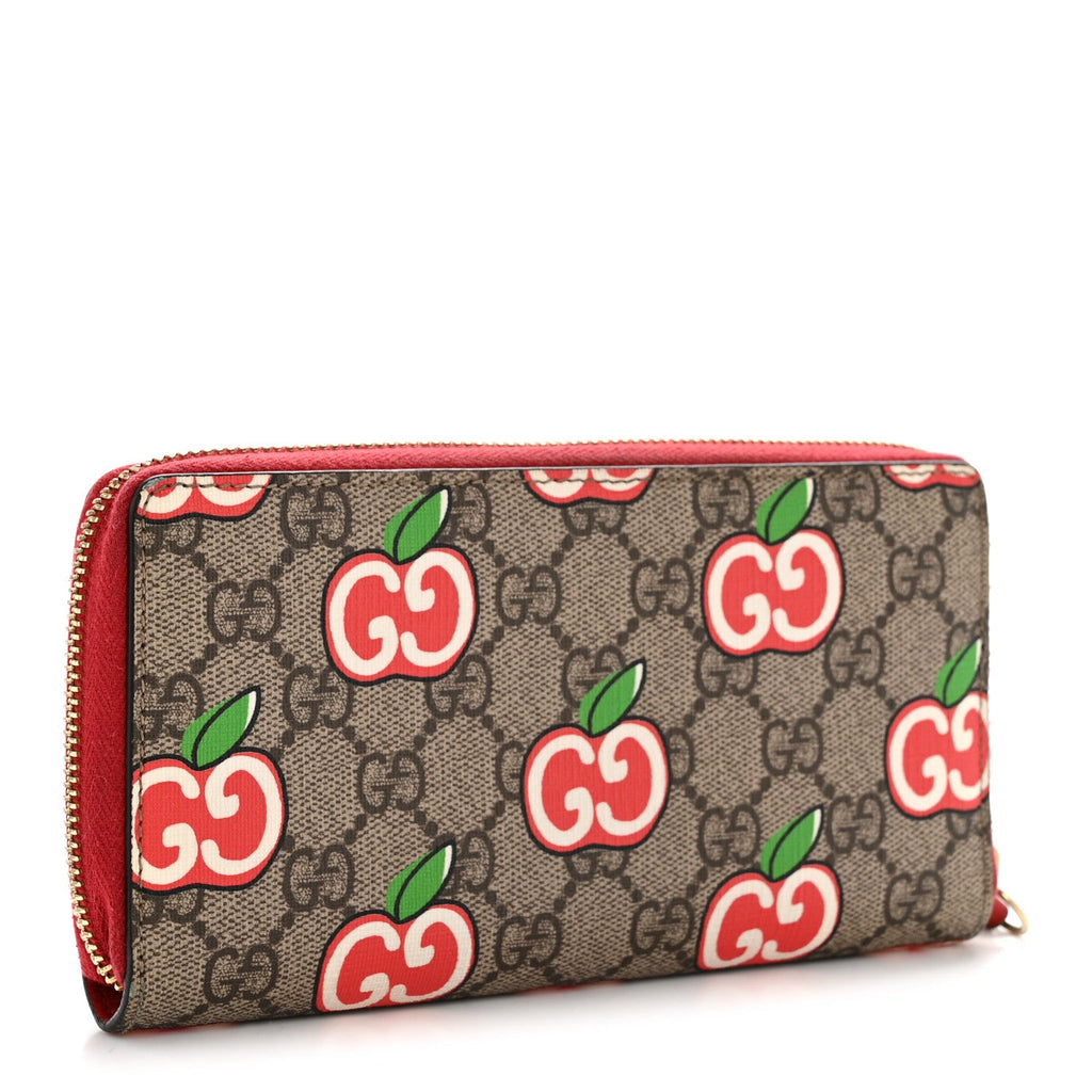 GG Supreme Monogram Apple Zip Around Wallet Beige Multicolor Lobster Red