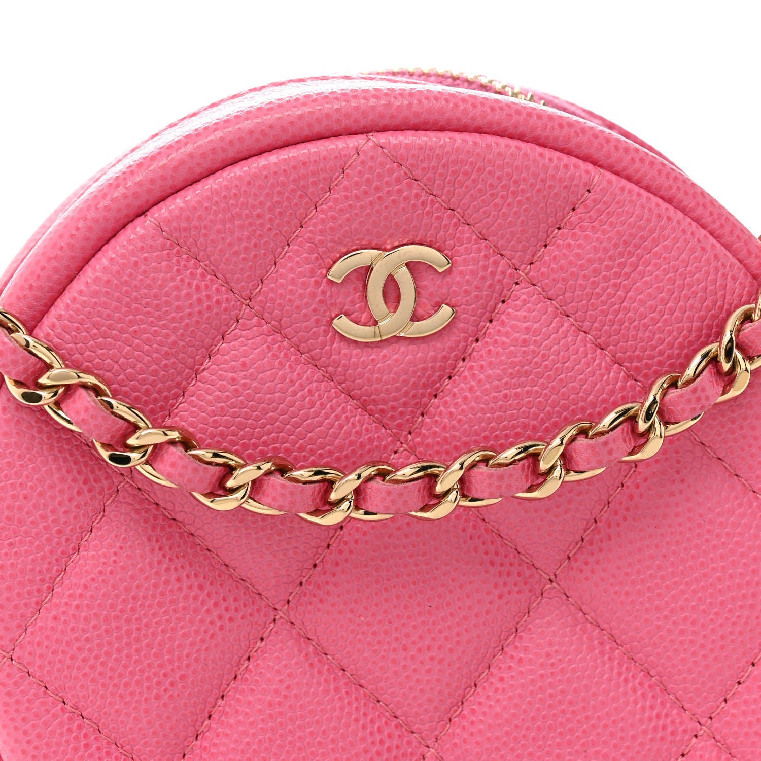 Caviar Quilted Round Clutch With Chain Pink