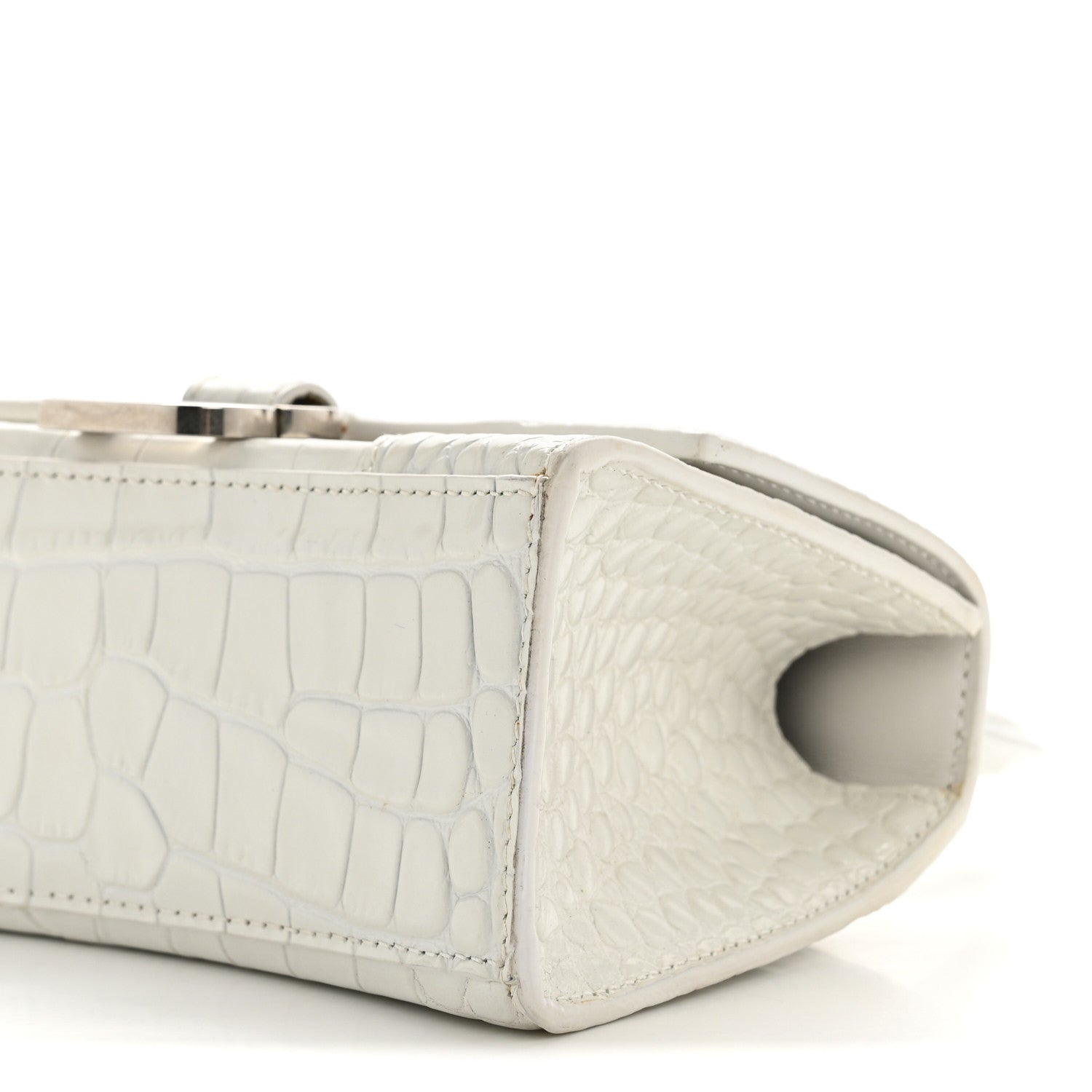 Shiny Calfskin Crocodile Embossed Hourglass Top Handle Bag XS White