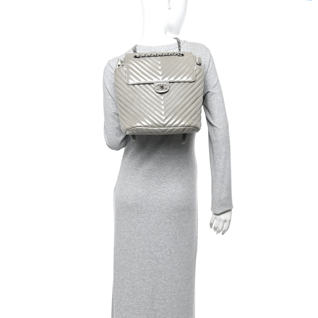 Iridescent Calfskin Chevron Quilted Small Urban Spirit Backpack Silver