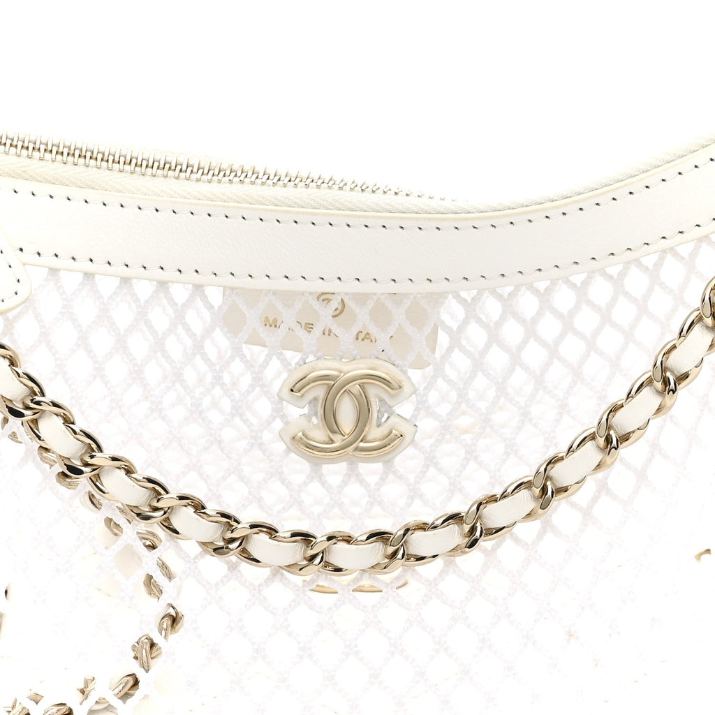 Mesh Shiny Lambskin Chain Hobo White