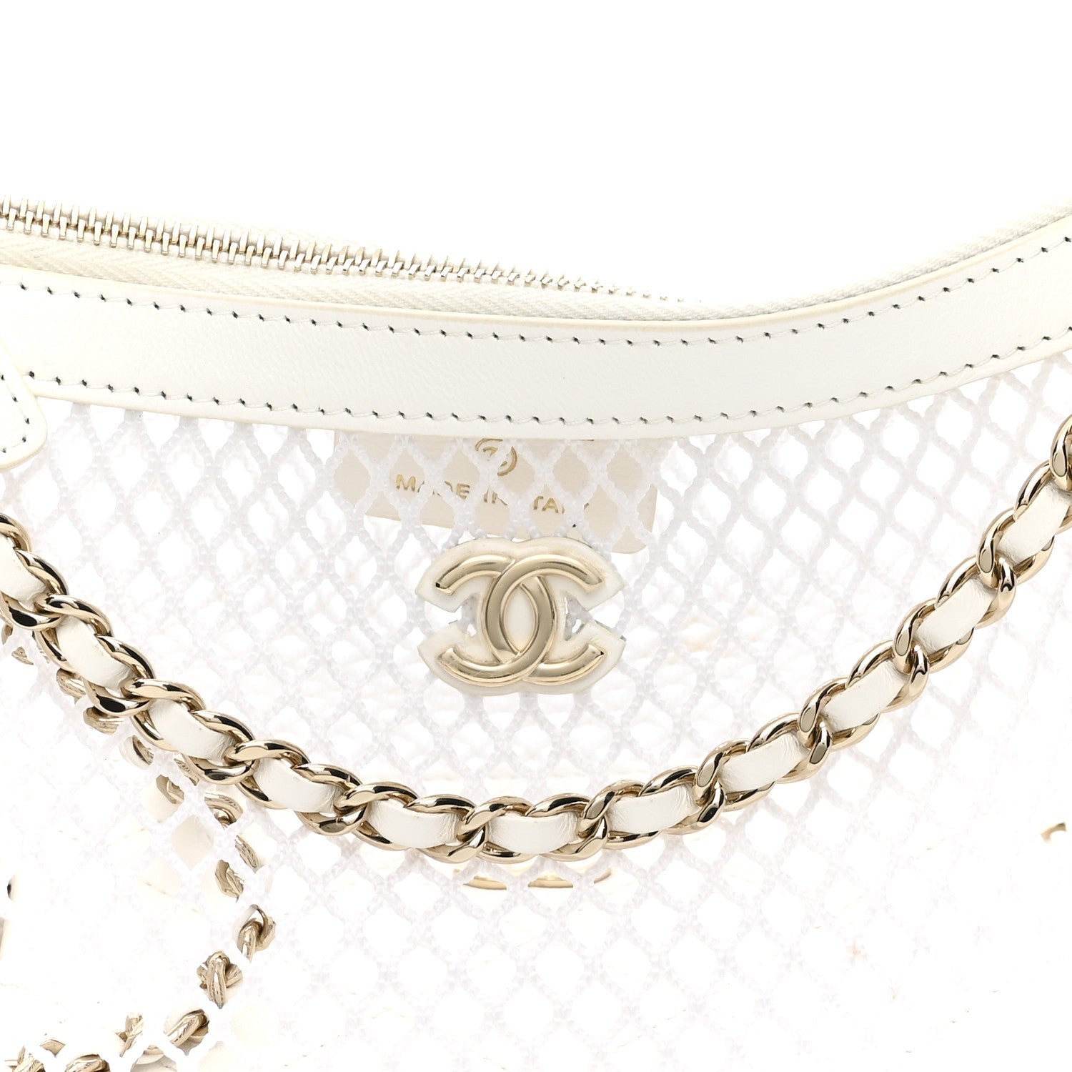 Mesh Shiny Lambskin Chain Hobo White