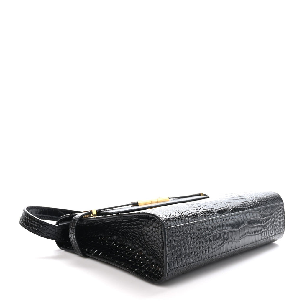 Shiny Calfskin Crocodile Embossed Manhattan Baguette Black