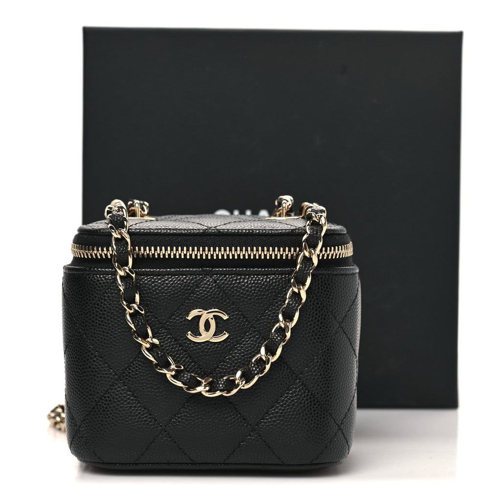 Caviar Quilted Mini Vanity Case With Chain Black