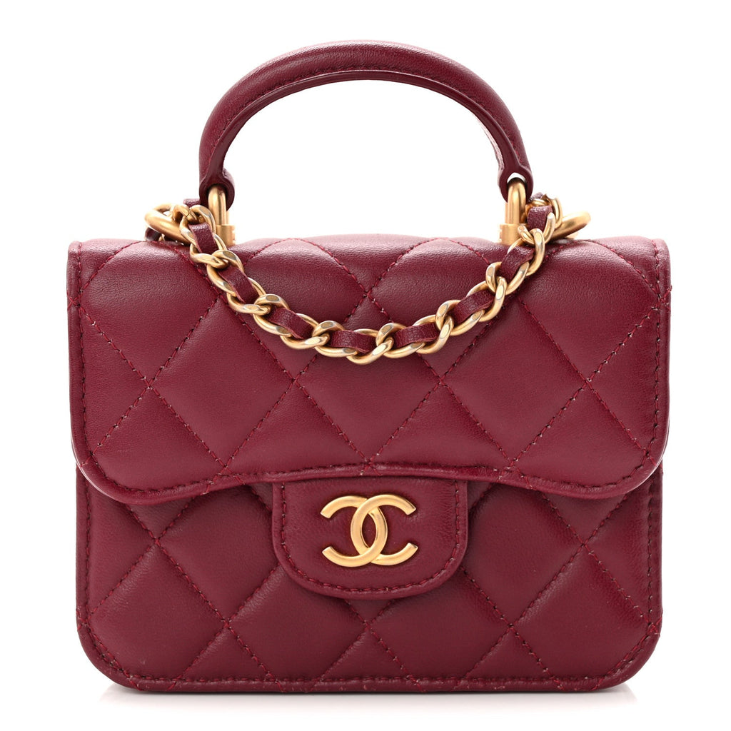 Lambskin Quilted Top Handle Flap Coin Purse With Chain Burgundy