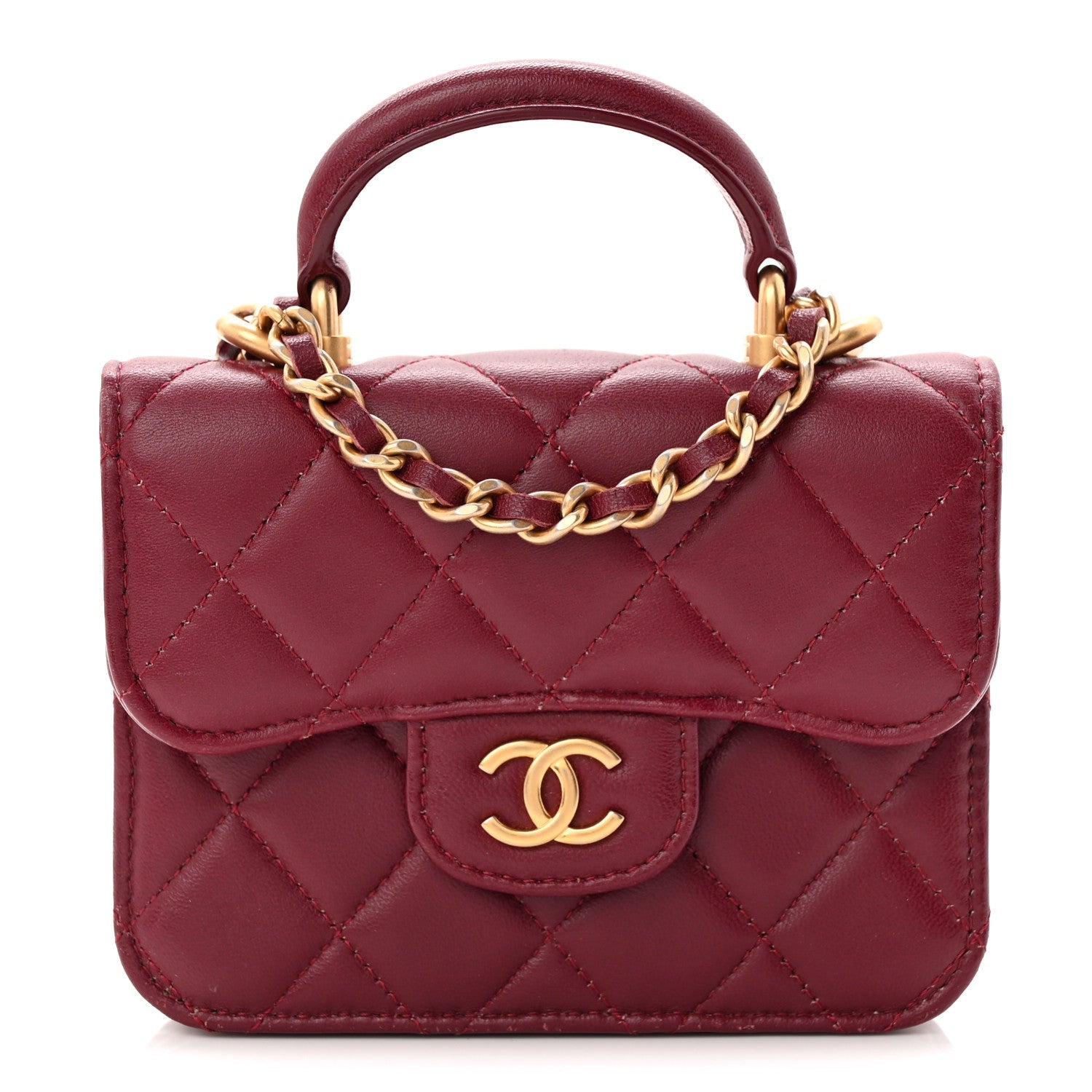Lambskin Quilted Top Handle Flap Coin Purse With Chain Burgundy