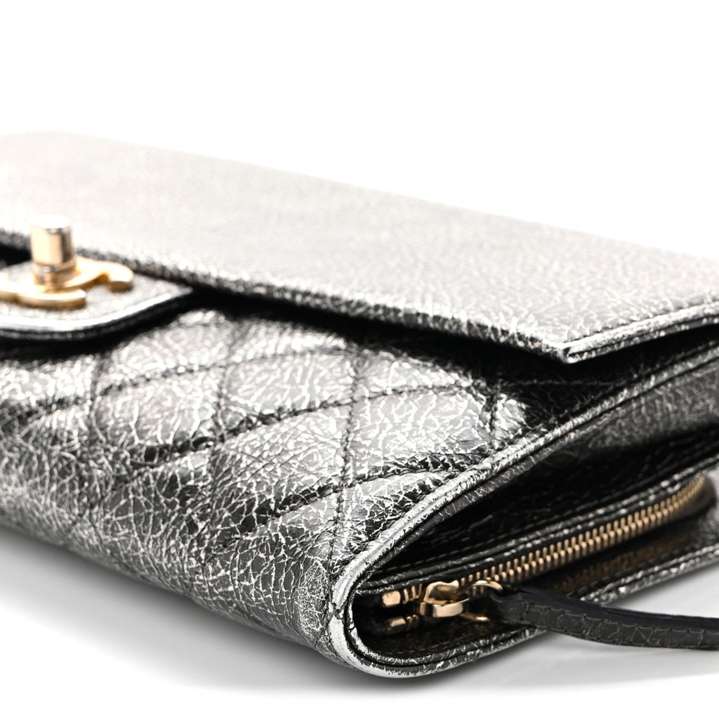 Cracked Metallic Calfskin Quilted Zip Away Chain Clutch Dark Silver