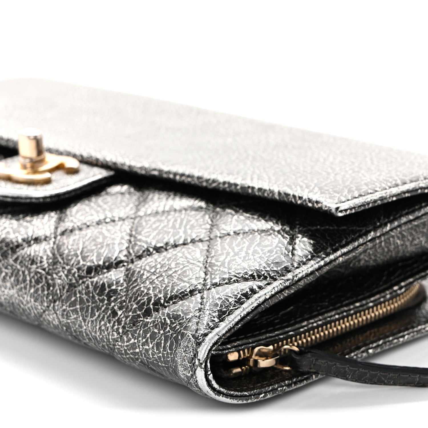 Cracked Metallic Calfskin Quilted Zip Away Chain Clutch Dark Silver