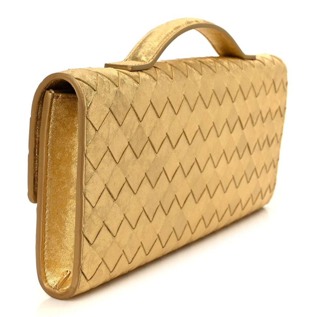Metallic Satin Lambskin Intrecciato Long Andiamo Top Handle Clutch Gold