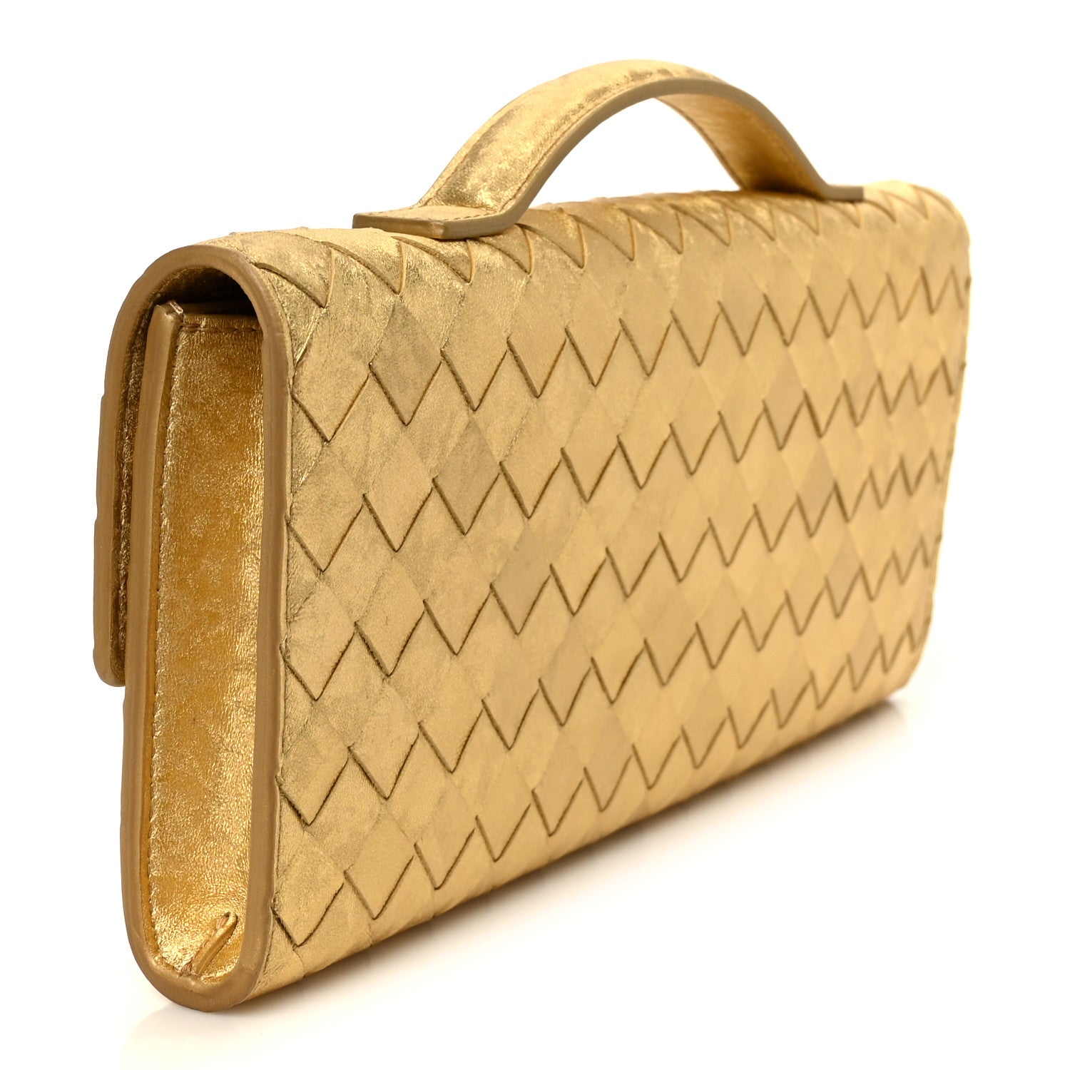 Metallic Satin Lambskin Intrecciato Long Andiamo Top Handle Clutch Gold