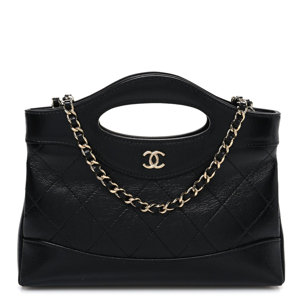 Shiny Crumpled Calfskin Quilted Nano 31 Shopping Bag Black
