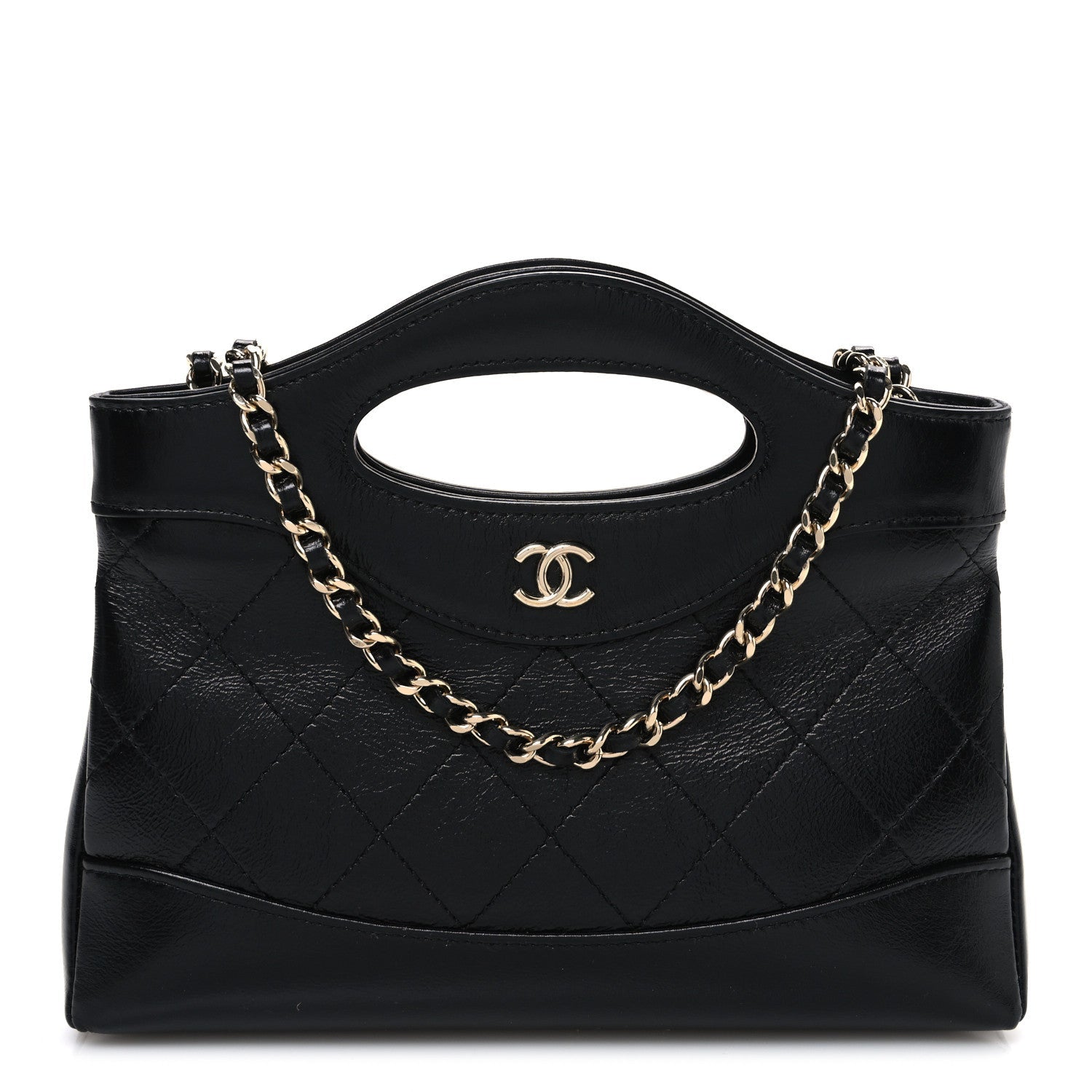 Shiny Crumpled Calfskin Quilted Nano 31 Shopping Bag Black