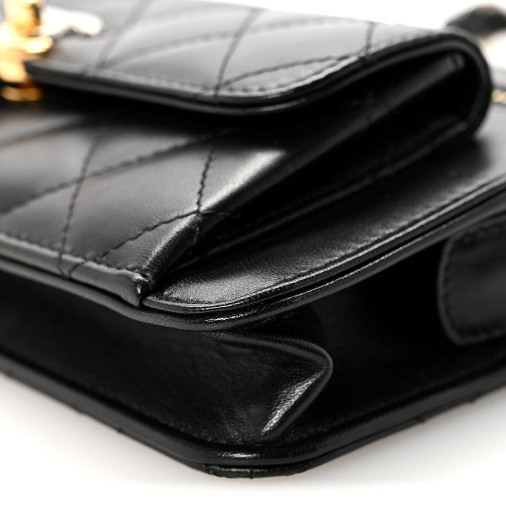 Lambskin Quilted Front Pocket Clutch With Chain Black