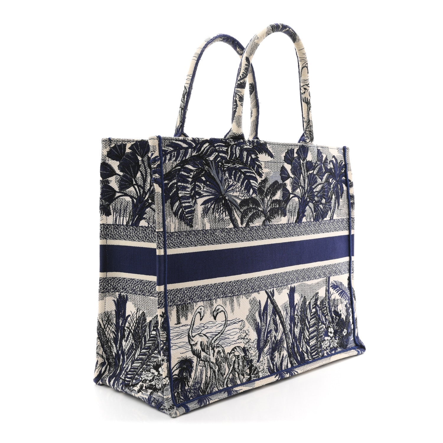 Canvas Embroidered Large Palm Tree Toile De Jouy Book Tote Blue