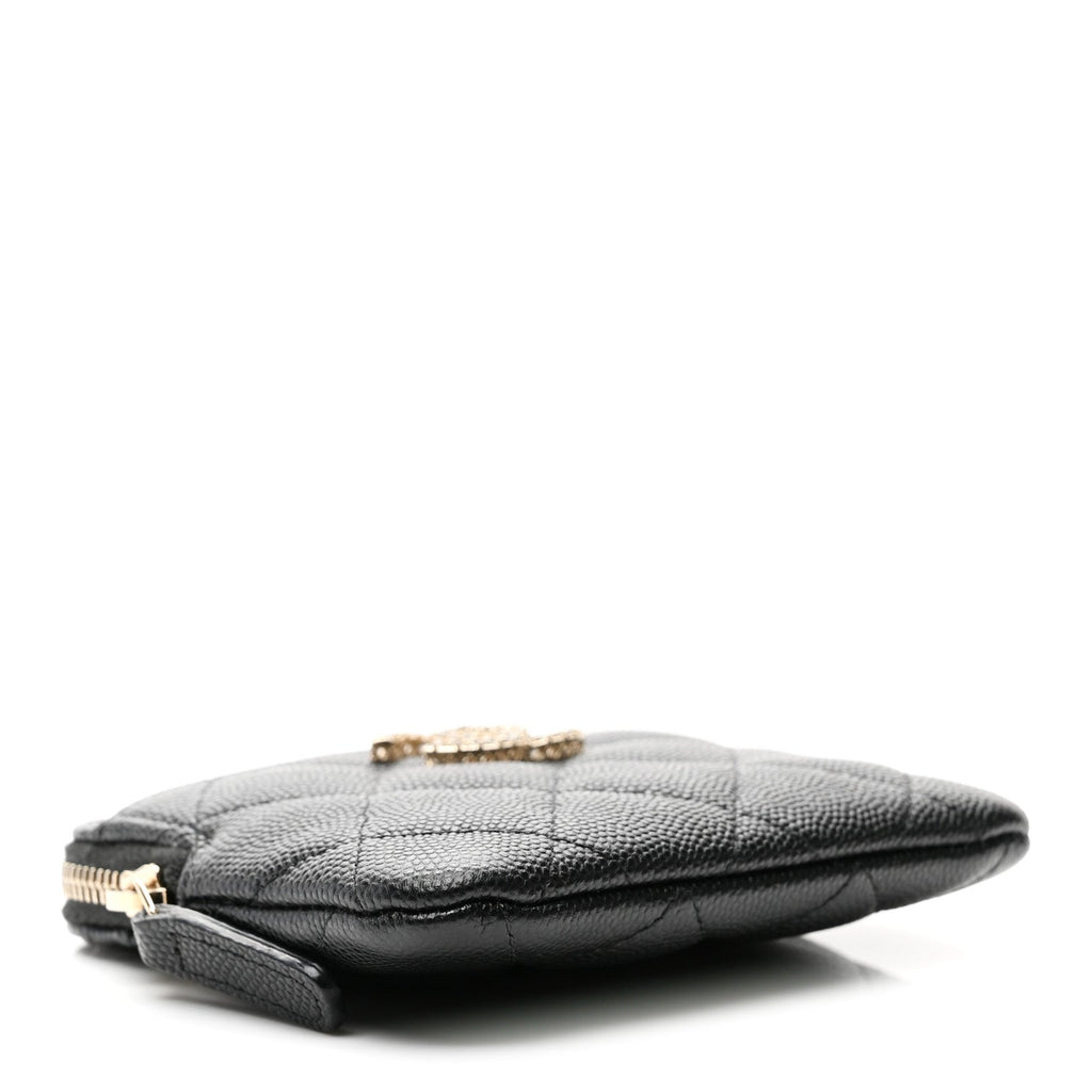 Caviar Quilted Crystal Zip  Holder Wallet Black
