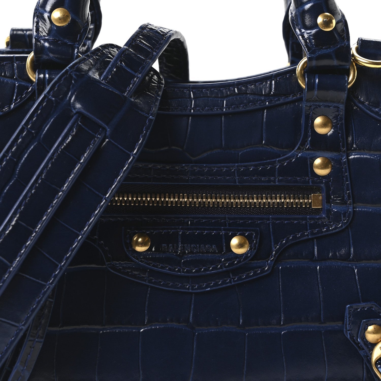 Shiny Supple Calfskin Crocodile Embossed Neo Classic Gold Hardware Mini City Navy