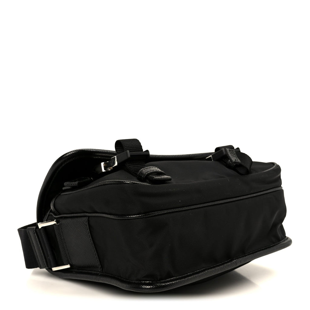 Re-Nylon Saffiano Pocket Double Snap Buckle Shoulder Bag Black
