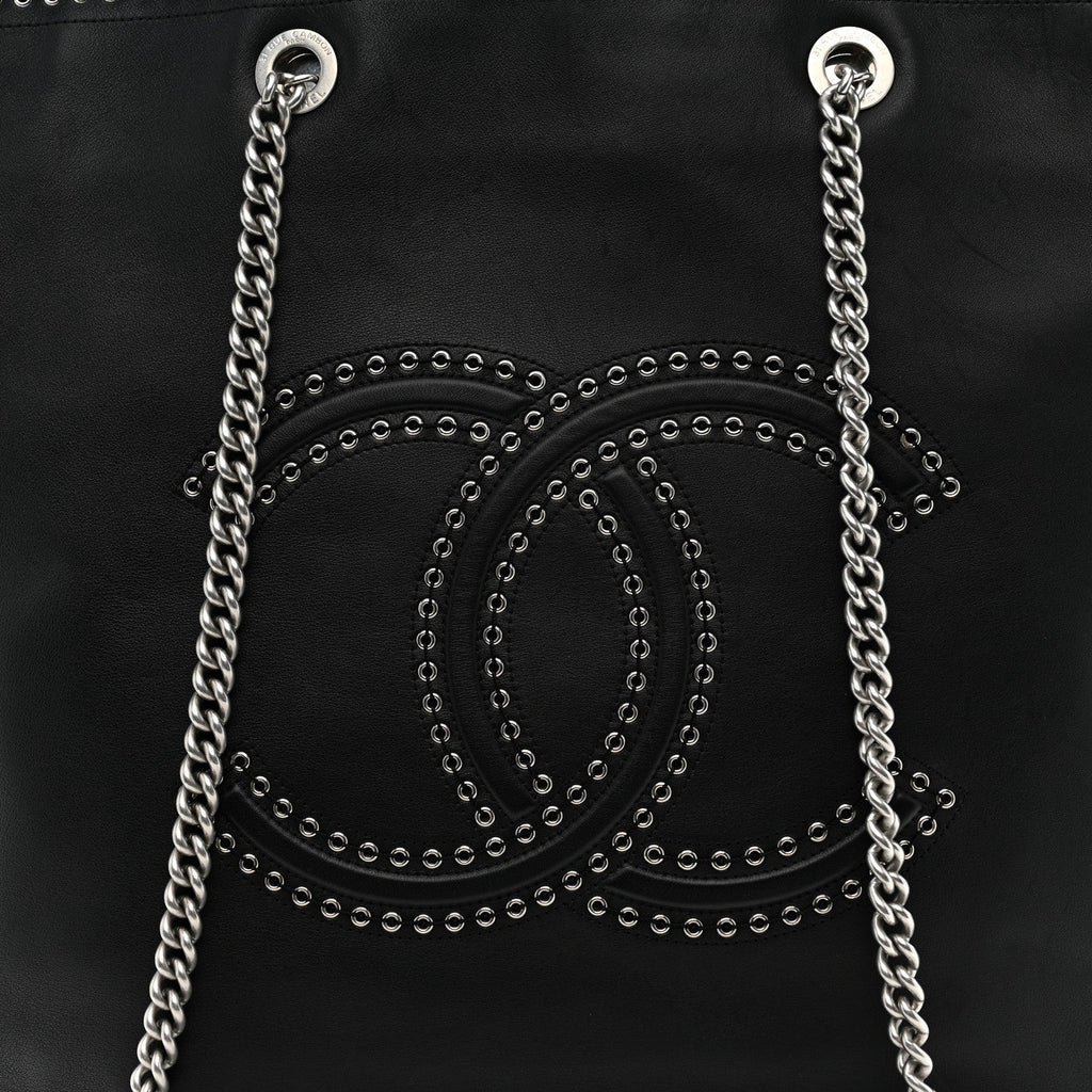 Calfskin Large Coco Eyelets Shopping Tote Black