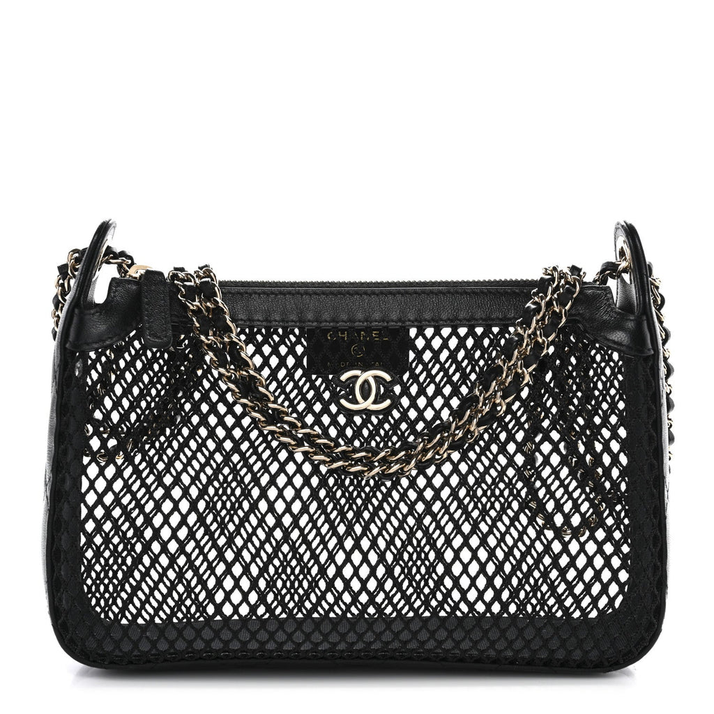 Mesh Shiny Lambskin Clutch With Chain Black