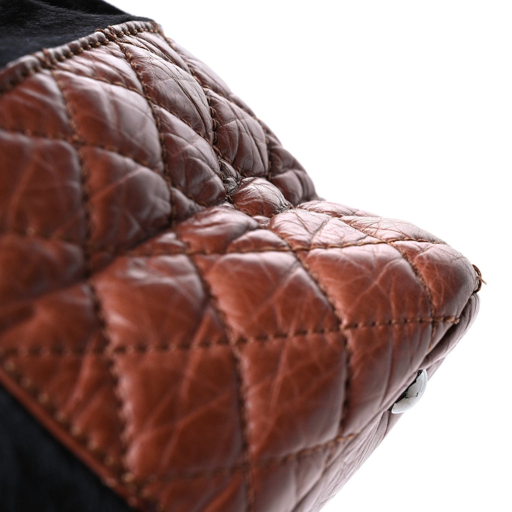 Aged Calfskin Pony Hair Quilted Miss Pony Drawstring Tote Brown