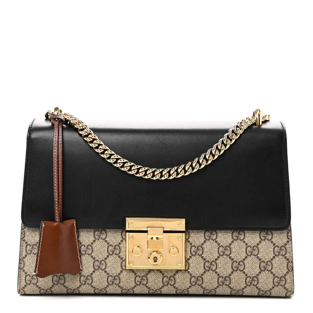GG Supreme Monogram Calfskin Medium Padlock Shoulder Bag Beige Black Cuir