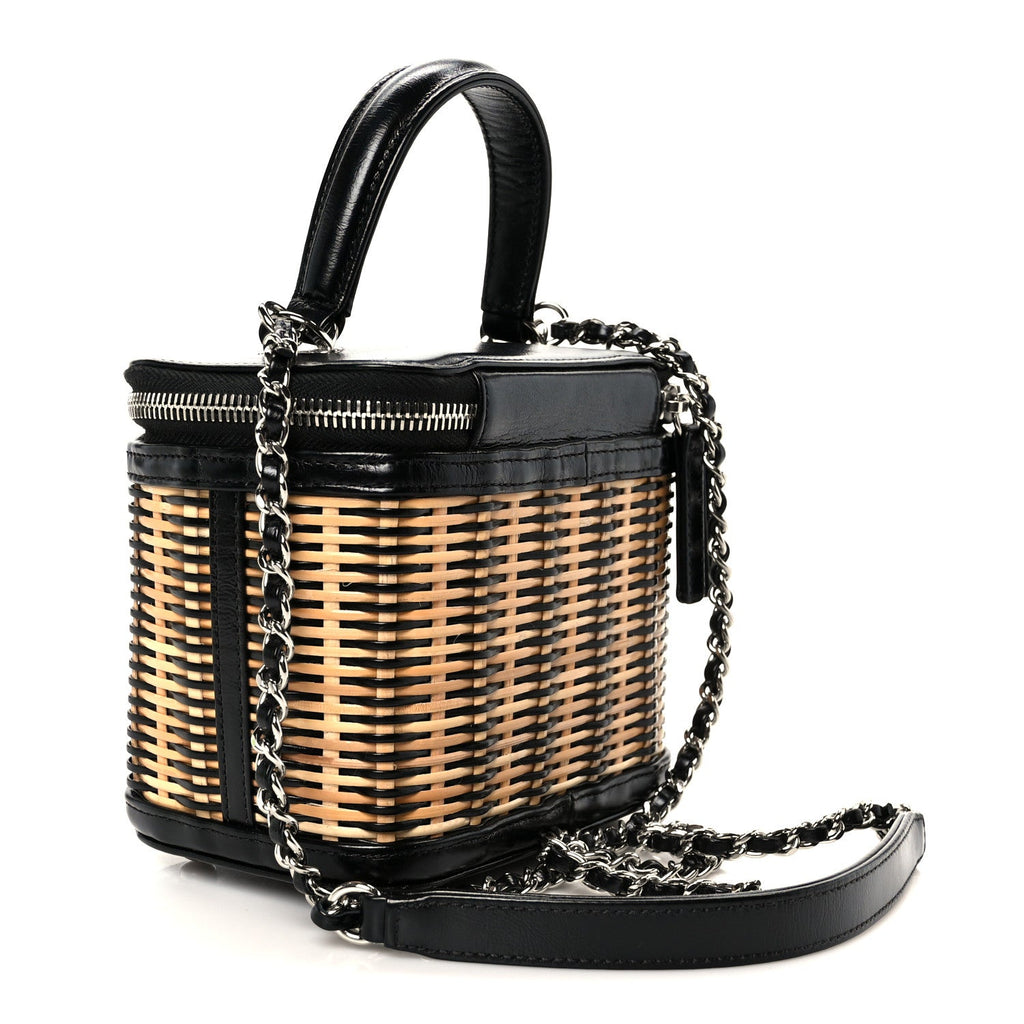 Calfskin Raffia Small Vanity Case Bag Black Beige