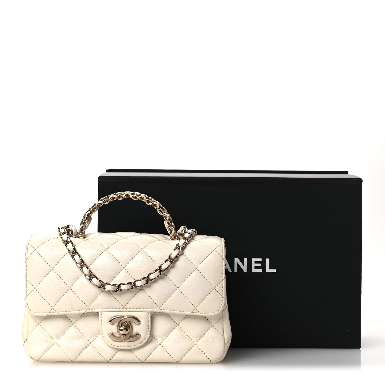 Lambskin Quilted Mini Crystal Top Handle Rectangular Flap White