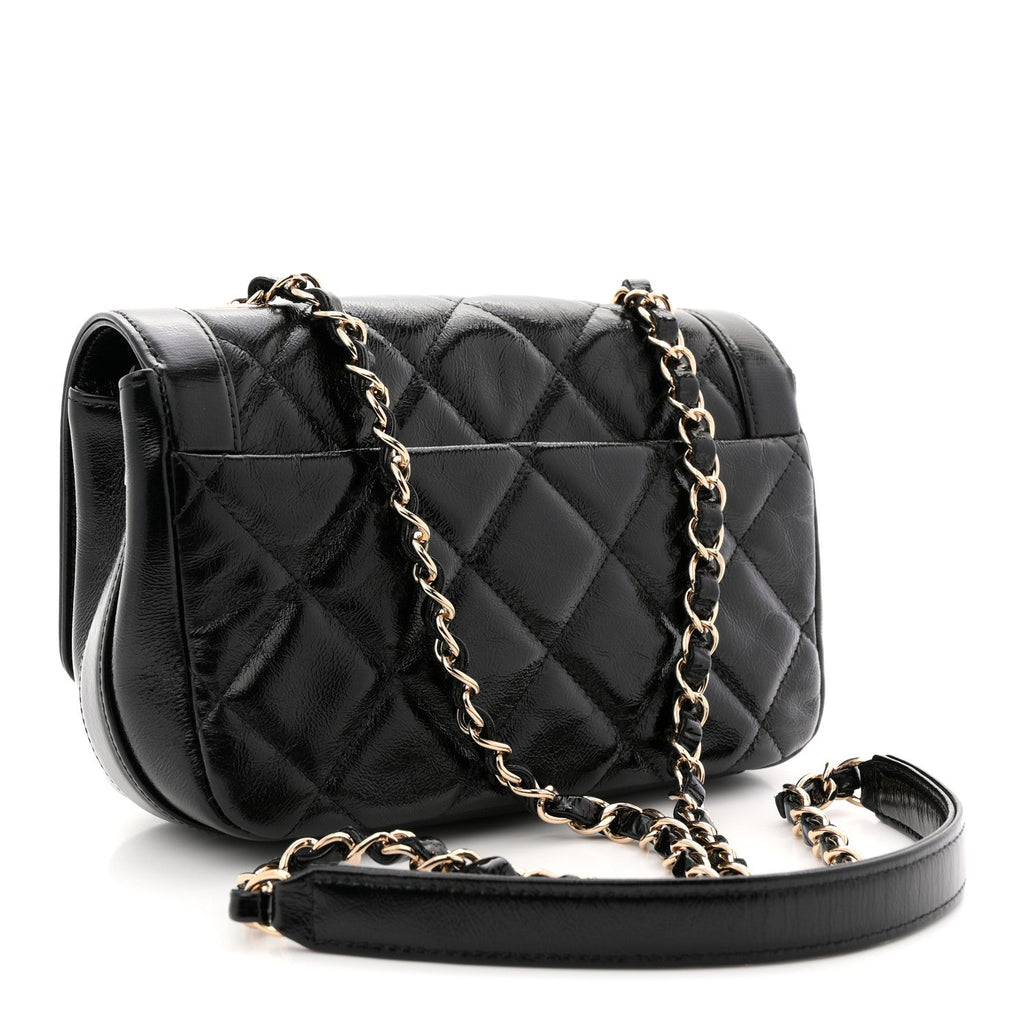 Crumpled Glazed Lambskin Quilted Mini Flap Black