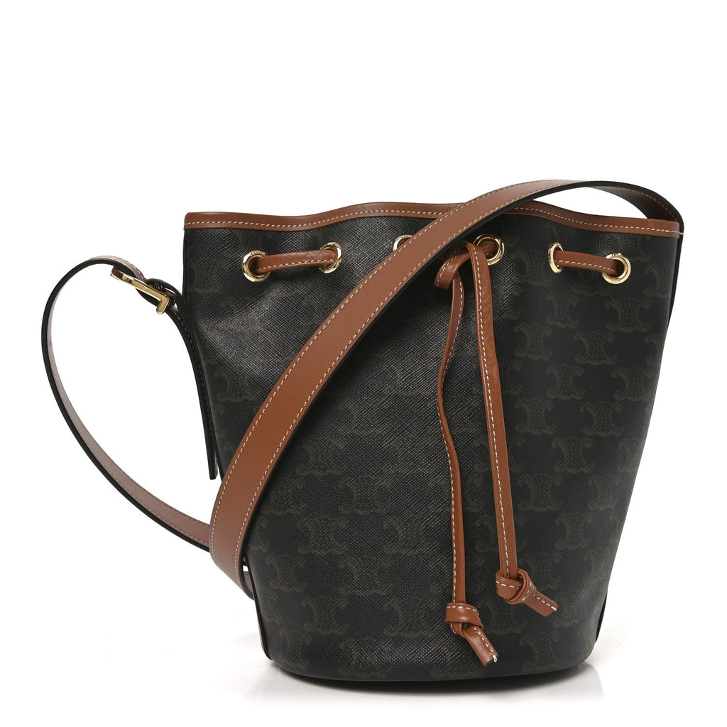 Triomphe Canvas Calfskin Small Drawstring Bucket Bag Tan