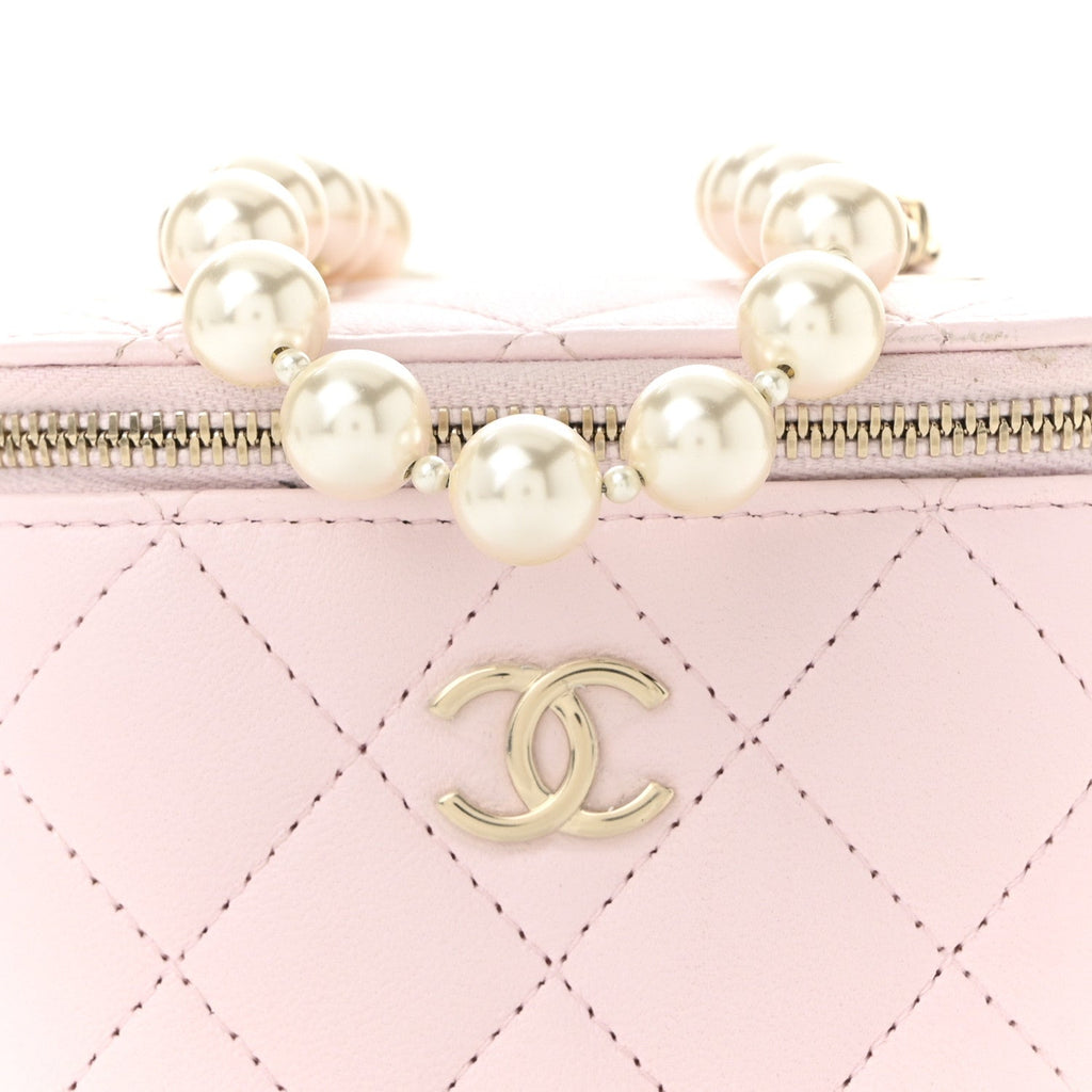 Lambskin Quilted Mini Vanity Case With Pearl Chain Light Pink