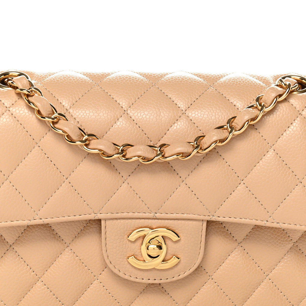 Caviar Quilted Small Double Flap Beige