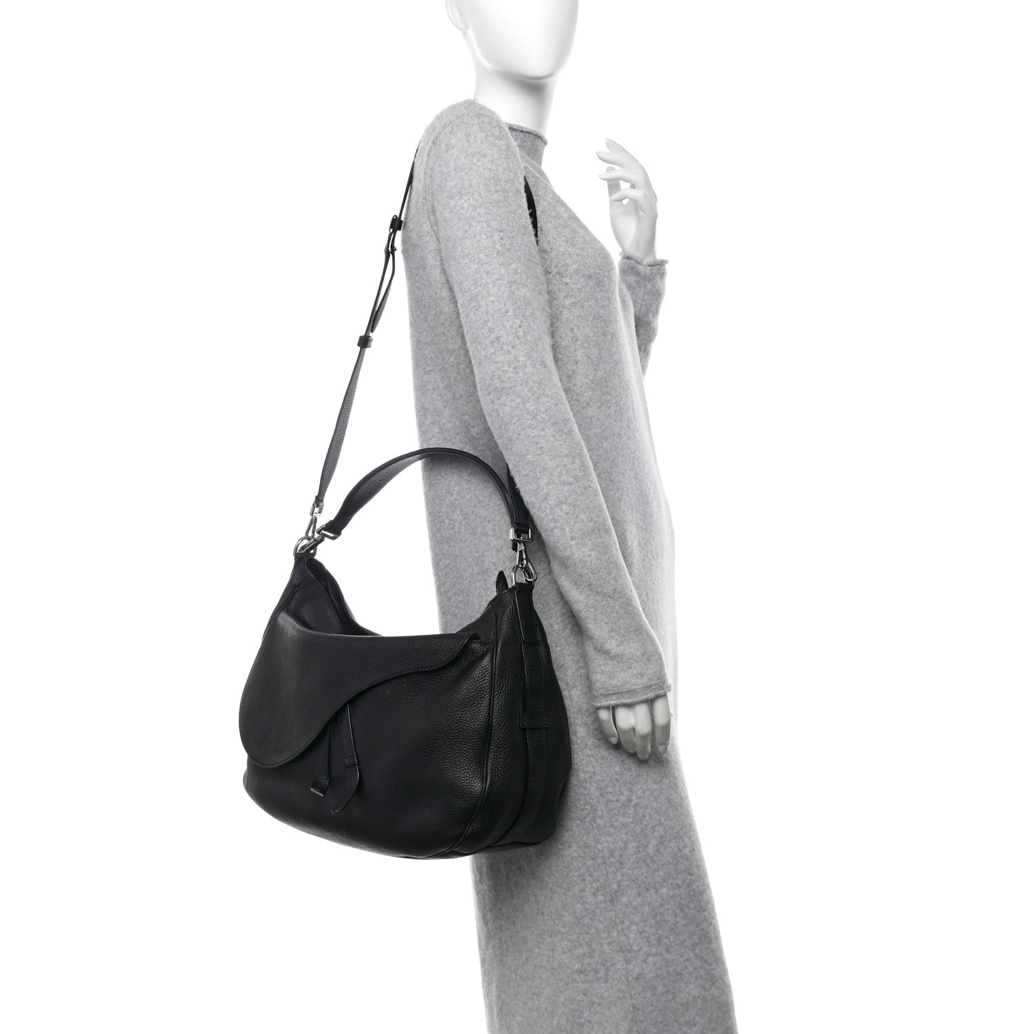 Grained Calfskin Saddle Soft Bag Black