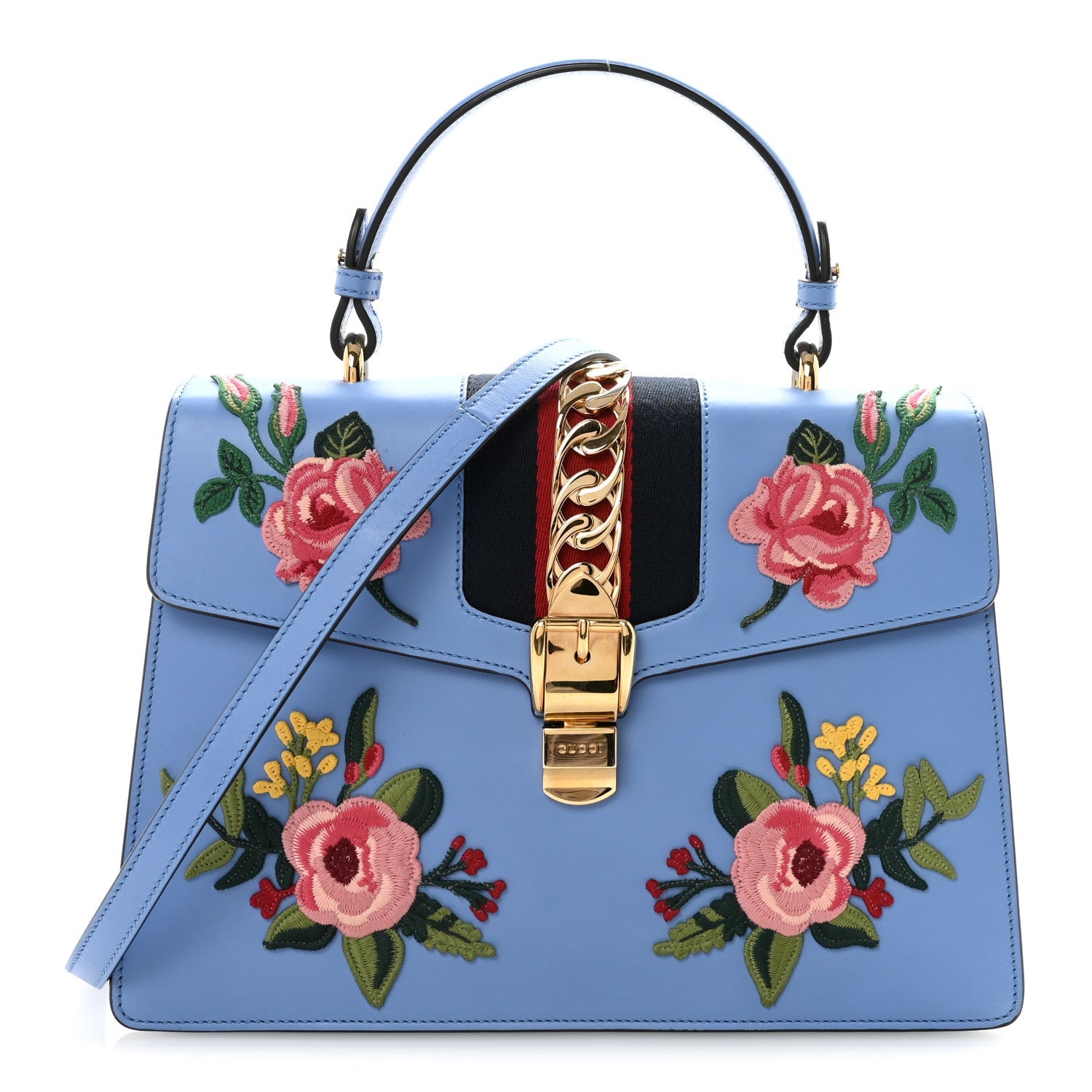 Calfskin Embroidered Medium Sylvie Top Handle Bag Clear Sky Blue