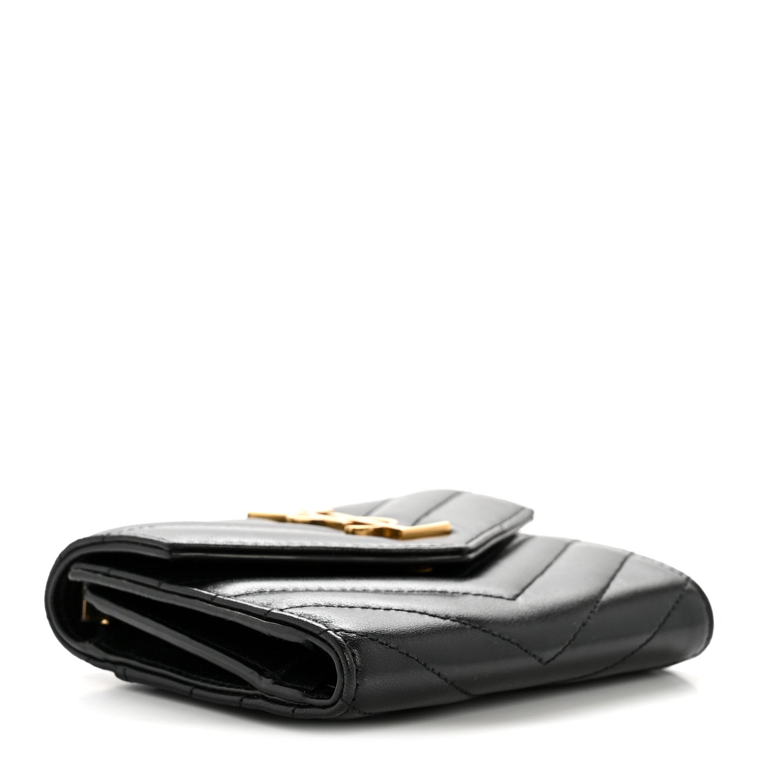Lambskin Matelasse Chevron Monogram Compact Tri Fold Wallet Black