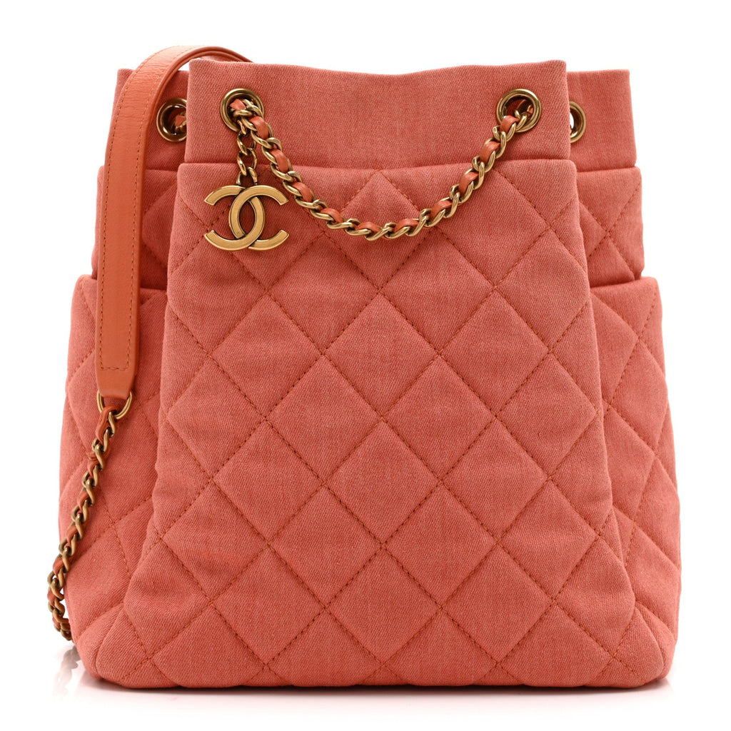 Washed Denim Quilted Small Urban Spirit Drawstring Bag Orange