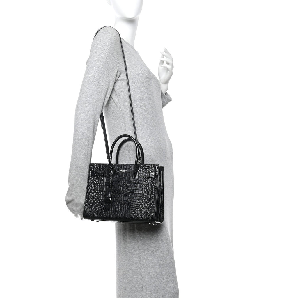 Calfskin Crocodile Embossed Baby Sac De Jour Black