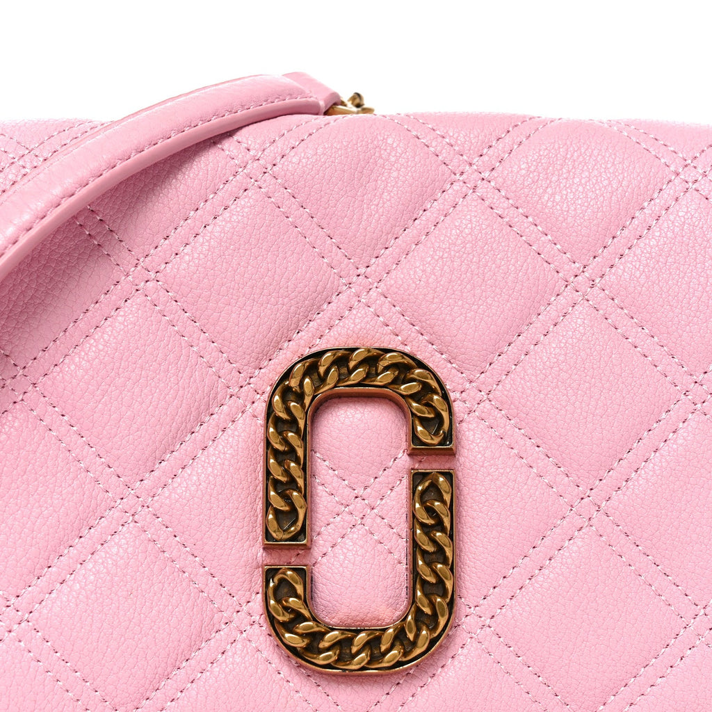Grained Calfskin Quilted Double Stitched Small The Status Shoulder Bag Pink